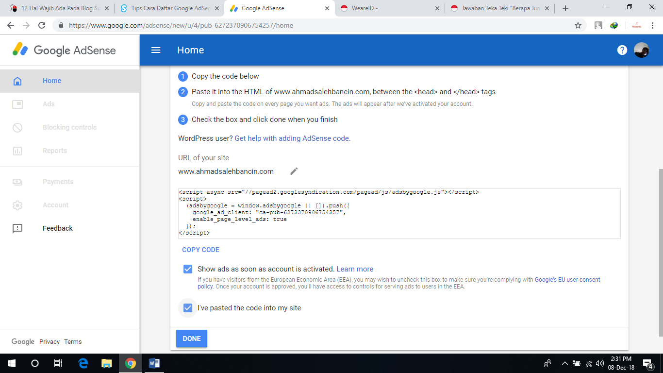 mendaftarkan adsense blog