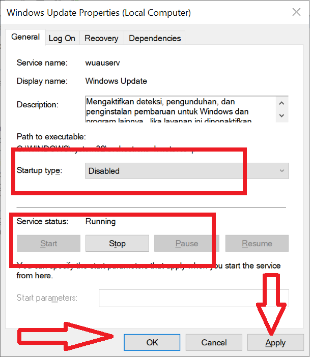 Menonaktifkan windows update